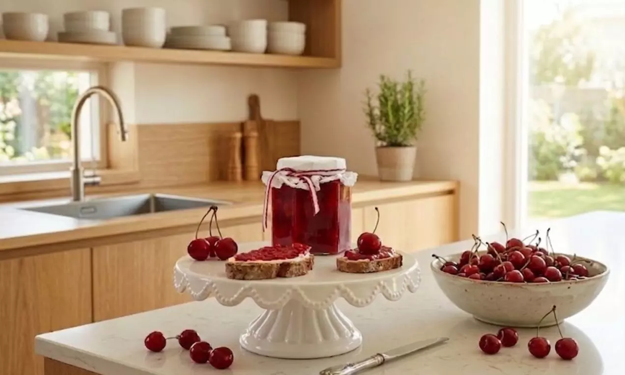 Sklenený pohár s hlbokorubínovým višňovým džemom zakrytý bielou látkou, obklopený višňami a chlebom na bielej keramickej tácke.