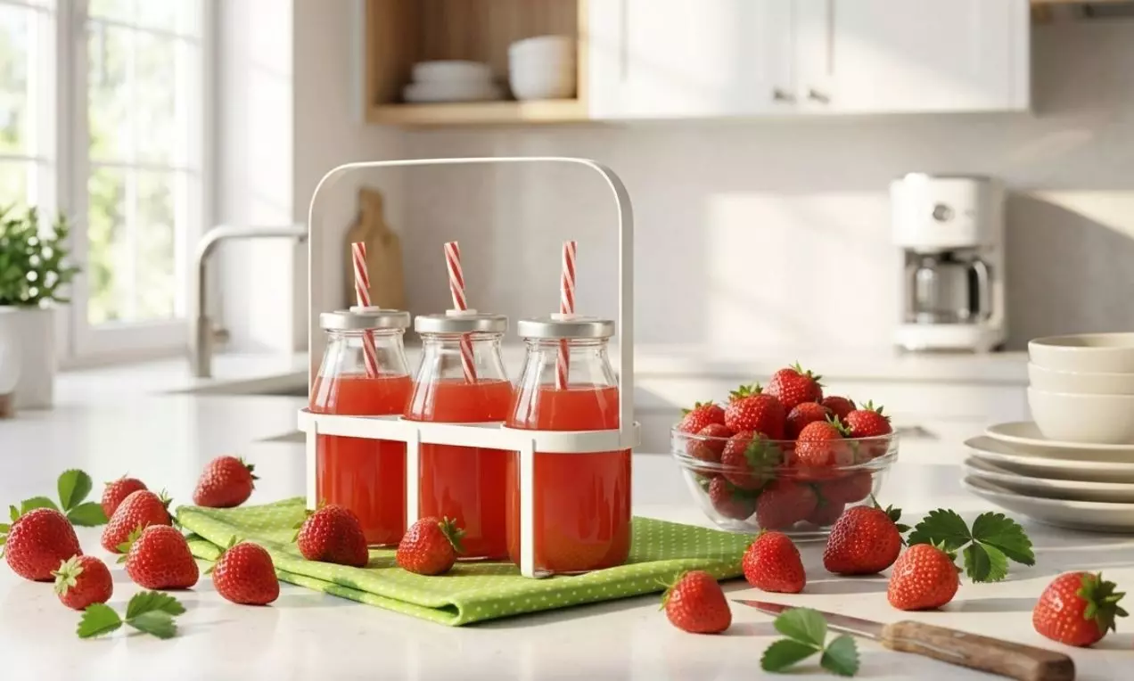 Jasne červený jahodový sirup v sklenených fľašiach s viečkami a prúžkovanými slamkami, obklopený čerstvými jahodami na zelenom obrúsku, AI-labeled image