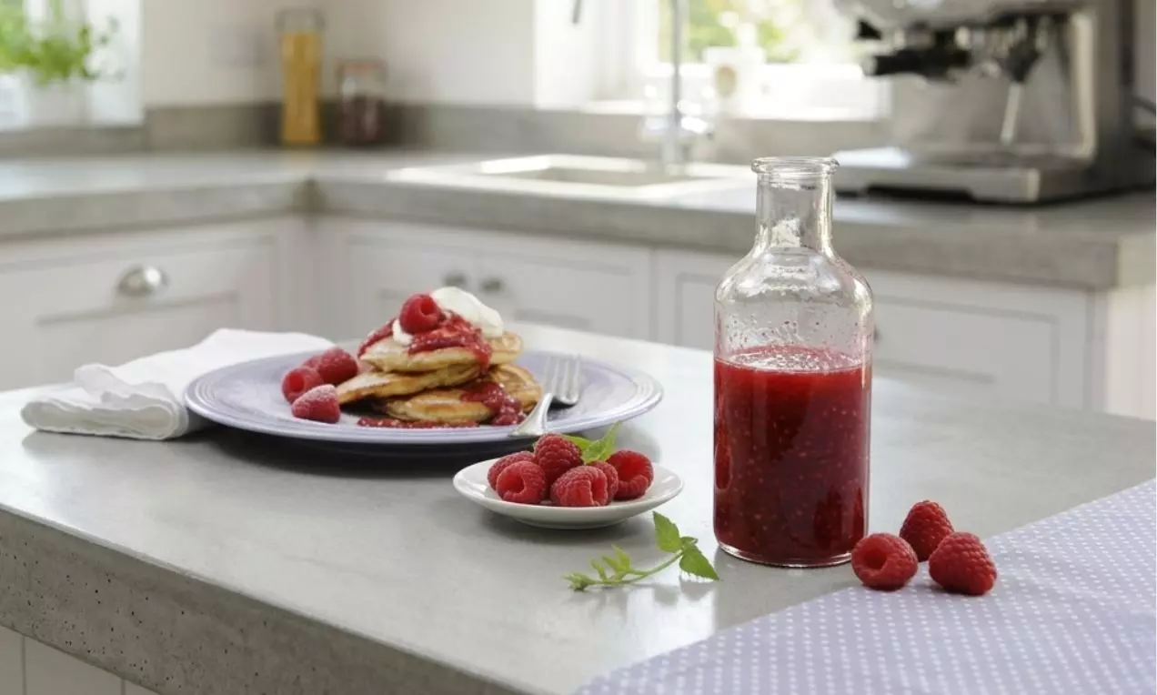 Na sivom kuchynskom pulte fľaša s červeným malinovým toppingom vedľa taniera lievancov zdobených malinami a malého tanierika s malinami