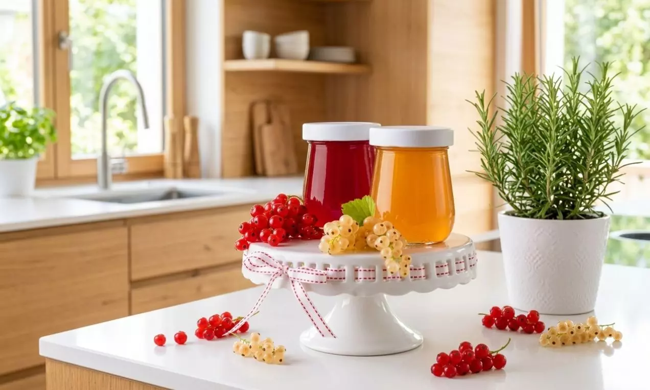 Rybízové želé v sklenených pohároch s bielymi vrchnákmi, červené a jantárové, obklopené strapcami rybízu na dekoratívnom postavci