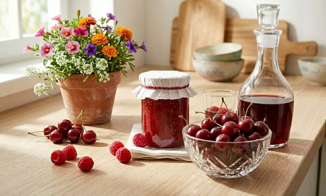 Višňovo-malinový džem v sklenenom pohári so štruktúrou jemných kúskov ovocia, obklopený červeným vínom, čerstvým ovocím a kvetmi