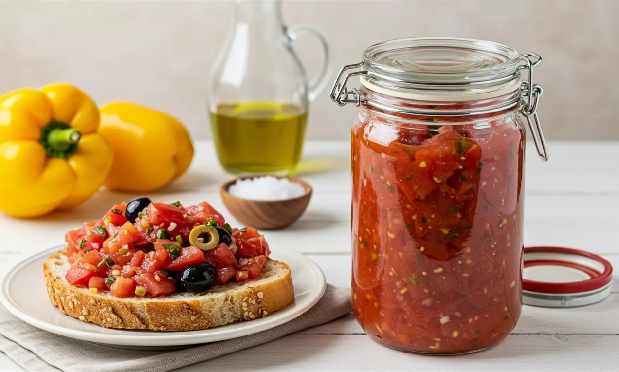 Miešaná paradajková salsa sýtočervenej farby s olivami a bylinkami na kraji chleba vedľa skleného pohára s rovnakou salsou v pozadí, AI-labeled image