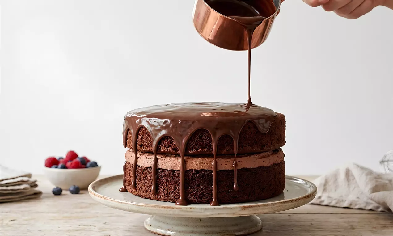 Dvojvrstvová čokoládová torta s krémovou náplňou, lesklou čokoládovou polevou stekajúcou po bokoch, na rustikálnom tanieri s miskou ovocia v pozadí, AI-labeled image