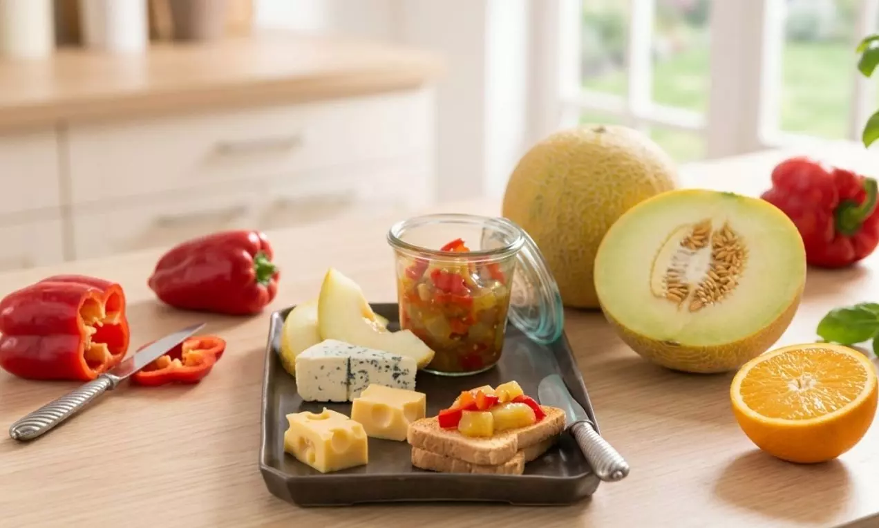 Melónové čatní v sklenenom pohári, pestré kúsky zeleniny, vedľa syrových blokov, toastu a čerstvej zeleniny na tmavej tácke, AI-labeled image