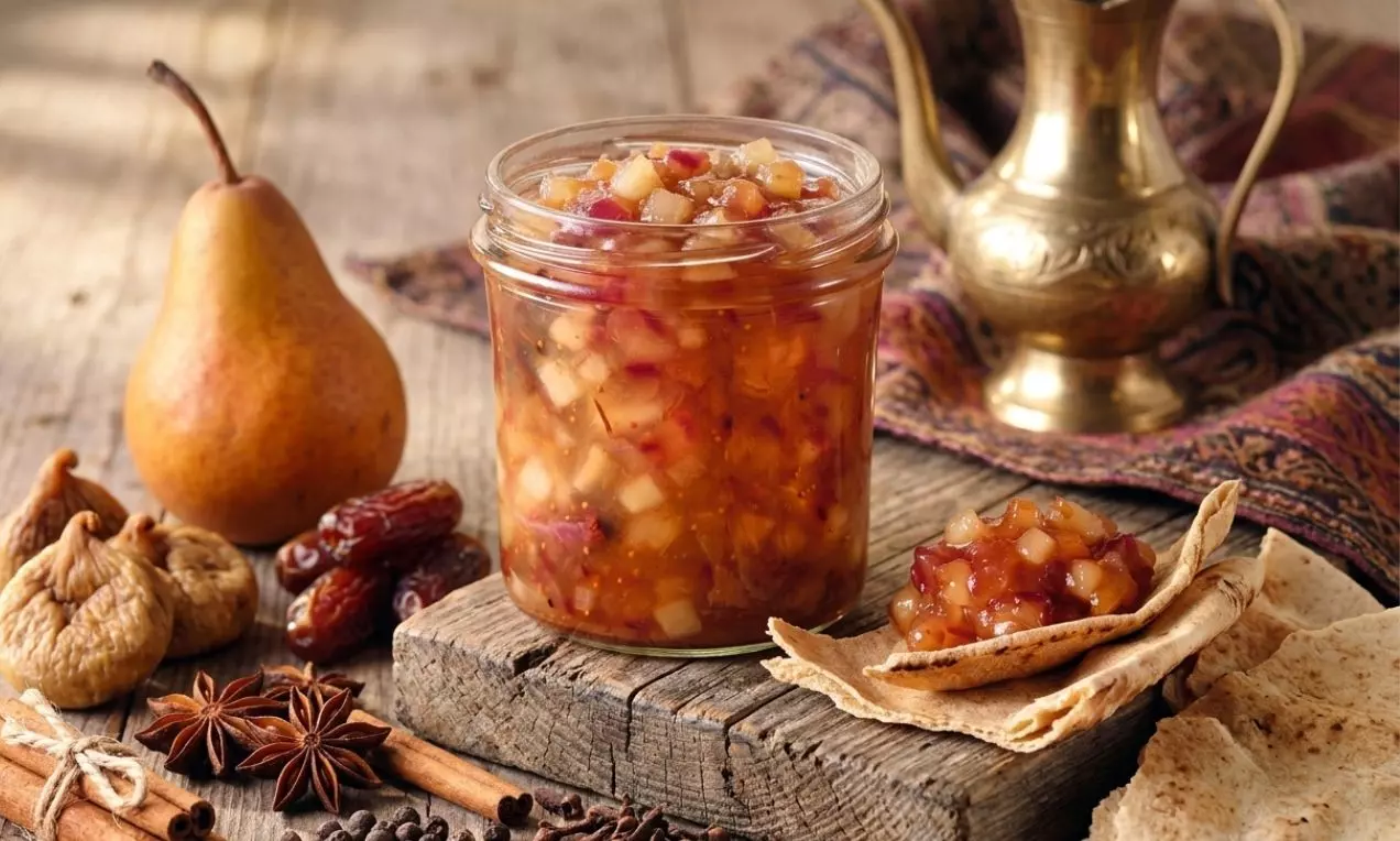 Sklenená dóza naplnená čatní zlatohnedej farby s kúskami hrušiek na drevenom podklade, obklopená sušeným ovocím a ornamentmi, AI-labeled image