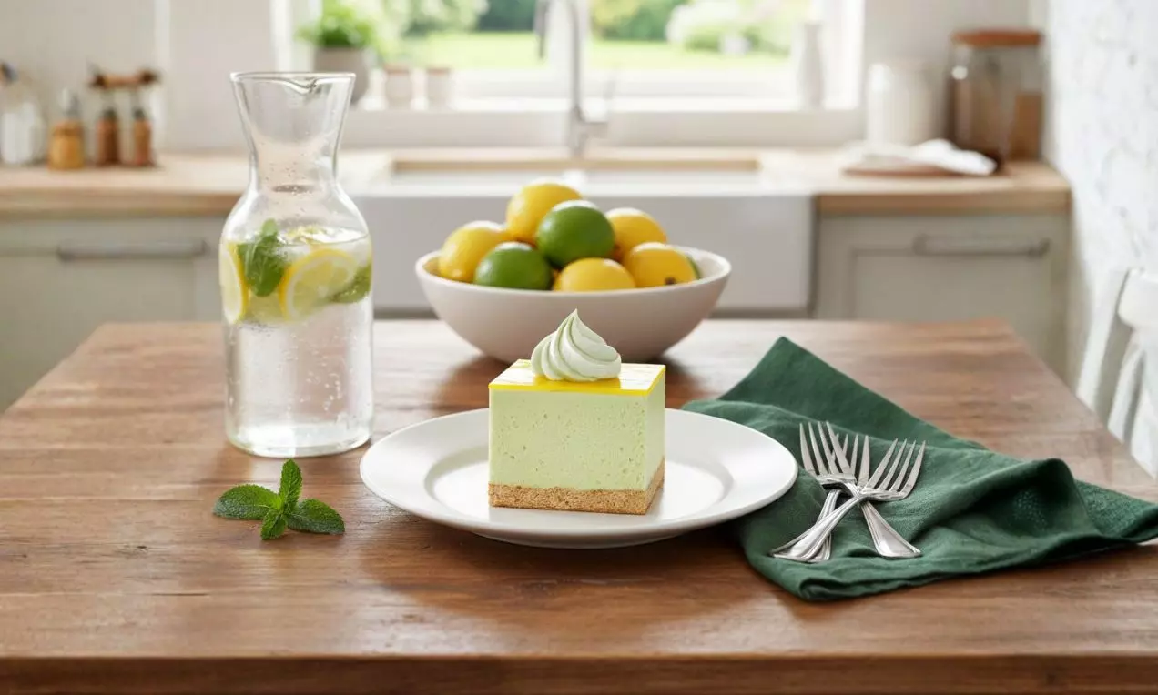 Štvorcová tortička s jemnou limetkovo-citrónovou plnkou na sušienkovom základe, zdobená plátkami citróna a limetky, s kopčekom šľahačky