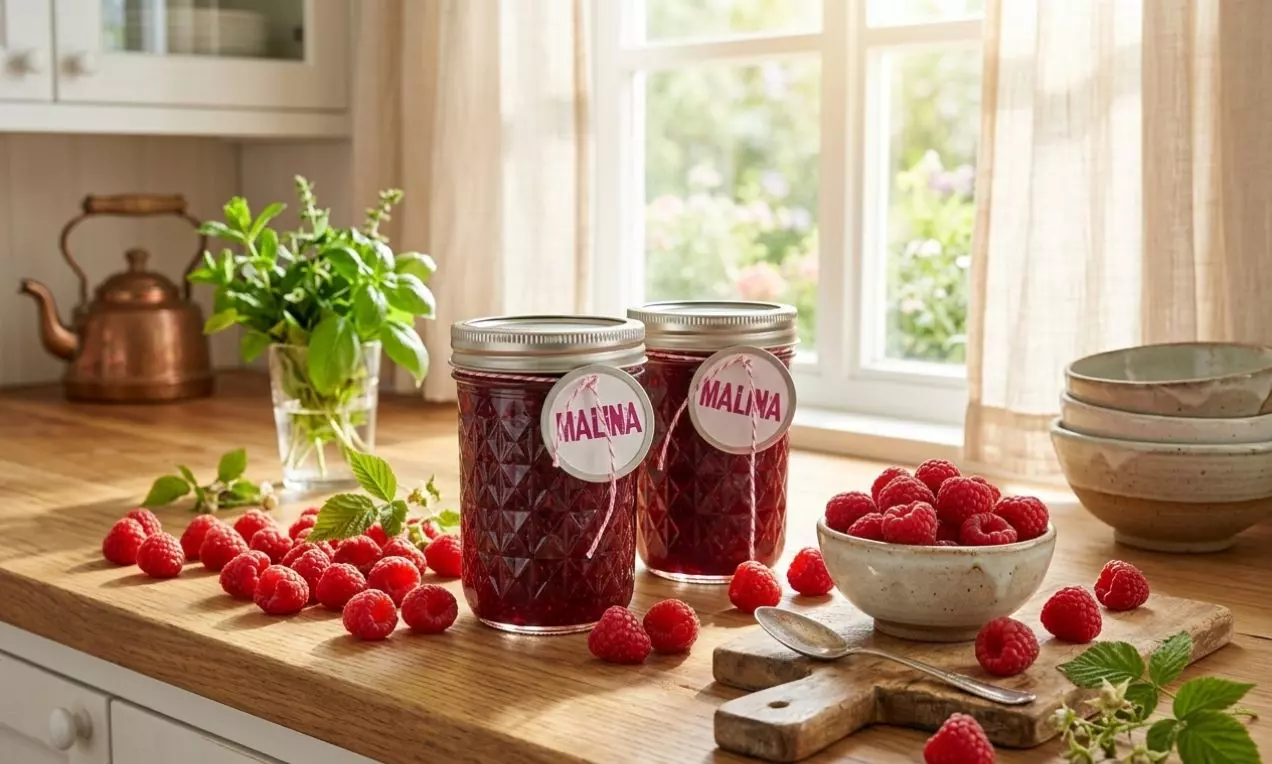 Rubínovo červený malinový džem v sklenených pohároch so vzorom, obklopený čerstvými malinami na drevenom stole pri okne s jemným svetlom