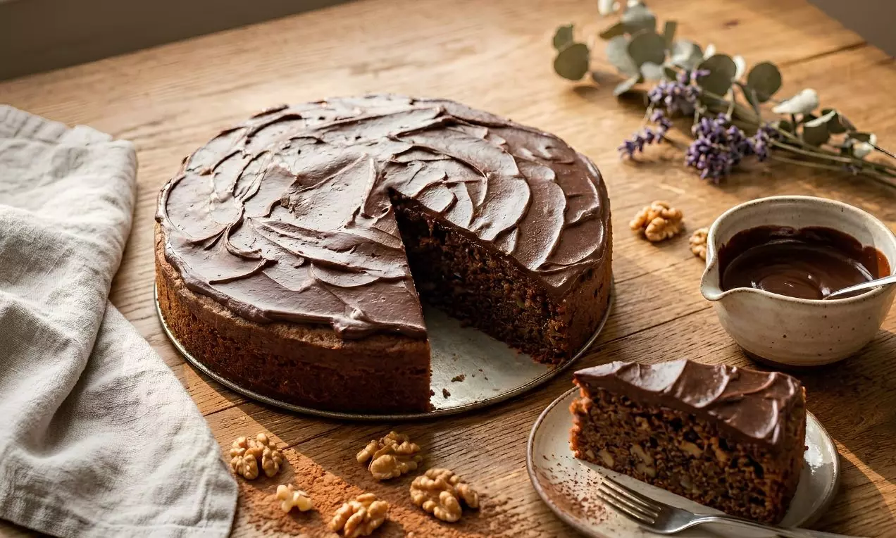 Orechová torta s matnou čokoládovou ganache, podávaná na drevenom stole, so šálkou čokolády, orechmi a dekoratívnymi kvietkami, AI-labeled image