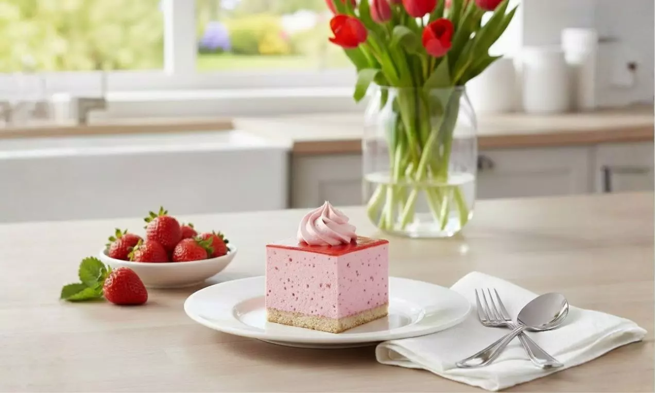 Jemne ružový zákusok s veľkými plátkami jahôd v krémovej náplni, na zlatistom sušienkovom základe a s vírom krémovej jahodovej šľahačky na vrchu