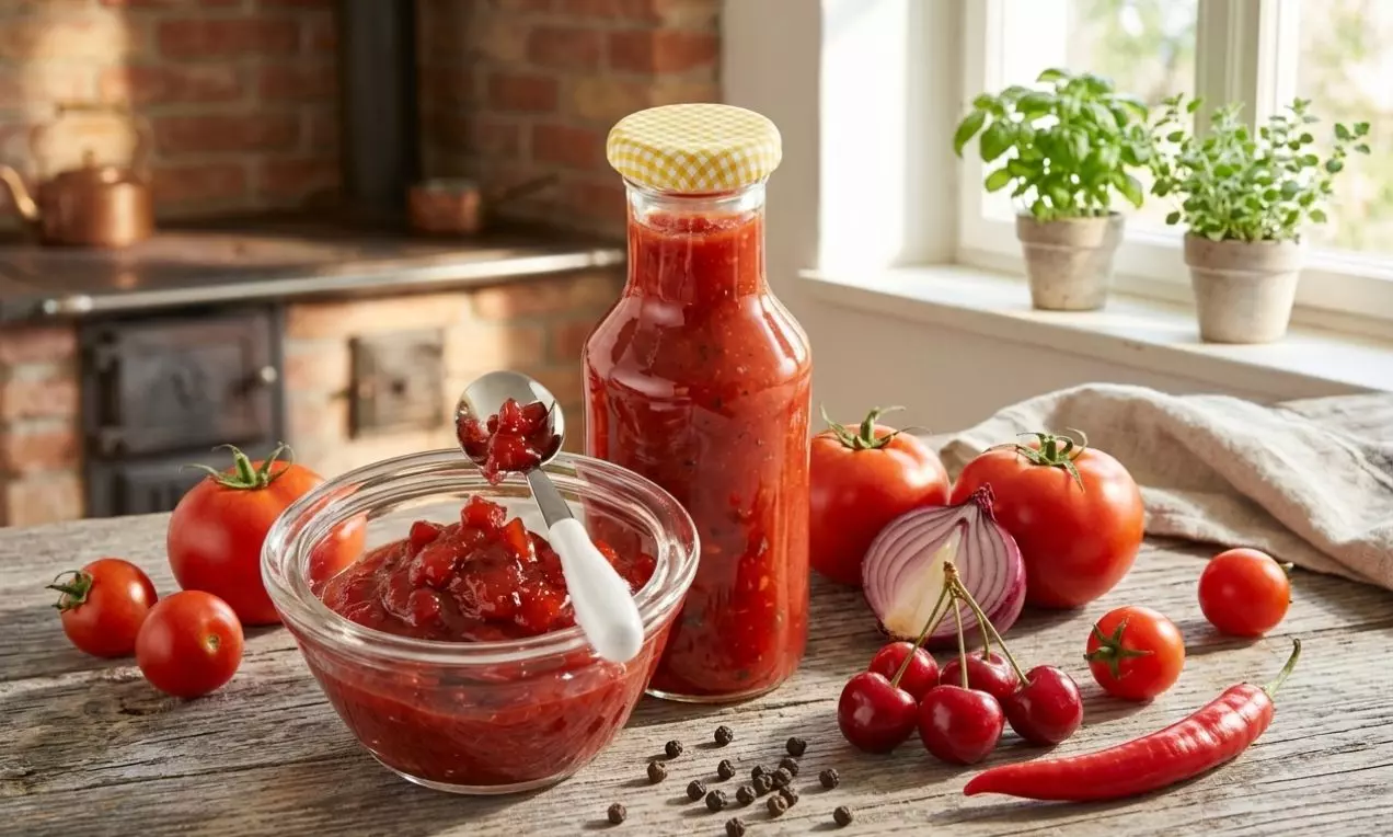 Paradajkové čatní sýtej červenej farby s kúskami višní v sklenenej miske a fľaši, obklopené čerstvými paradajkami, čerešňami a koreninami, AI-labeled image