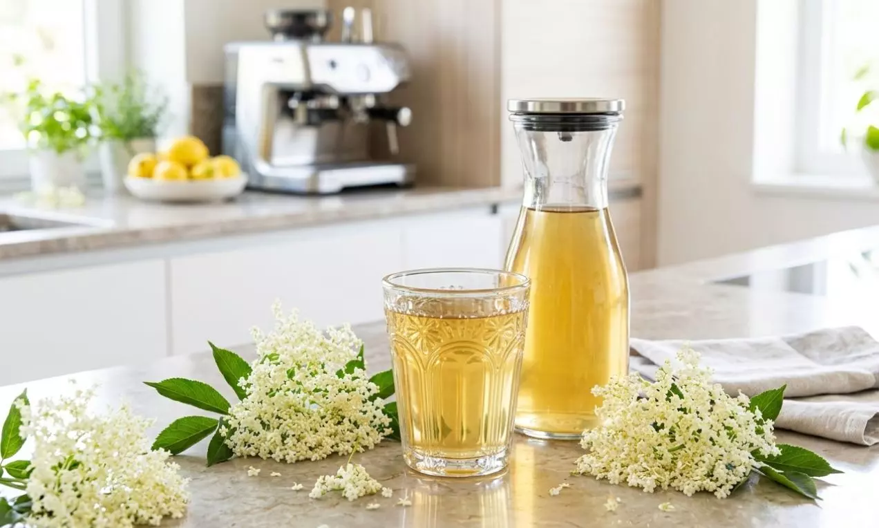 Priesvitný jantárovo žltý bezový sirup v sklenenej karafe a pohári, ozdobený čerstvými bielymi kvetmi bazy na svetlom drevenom stole