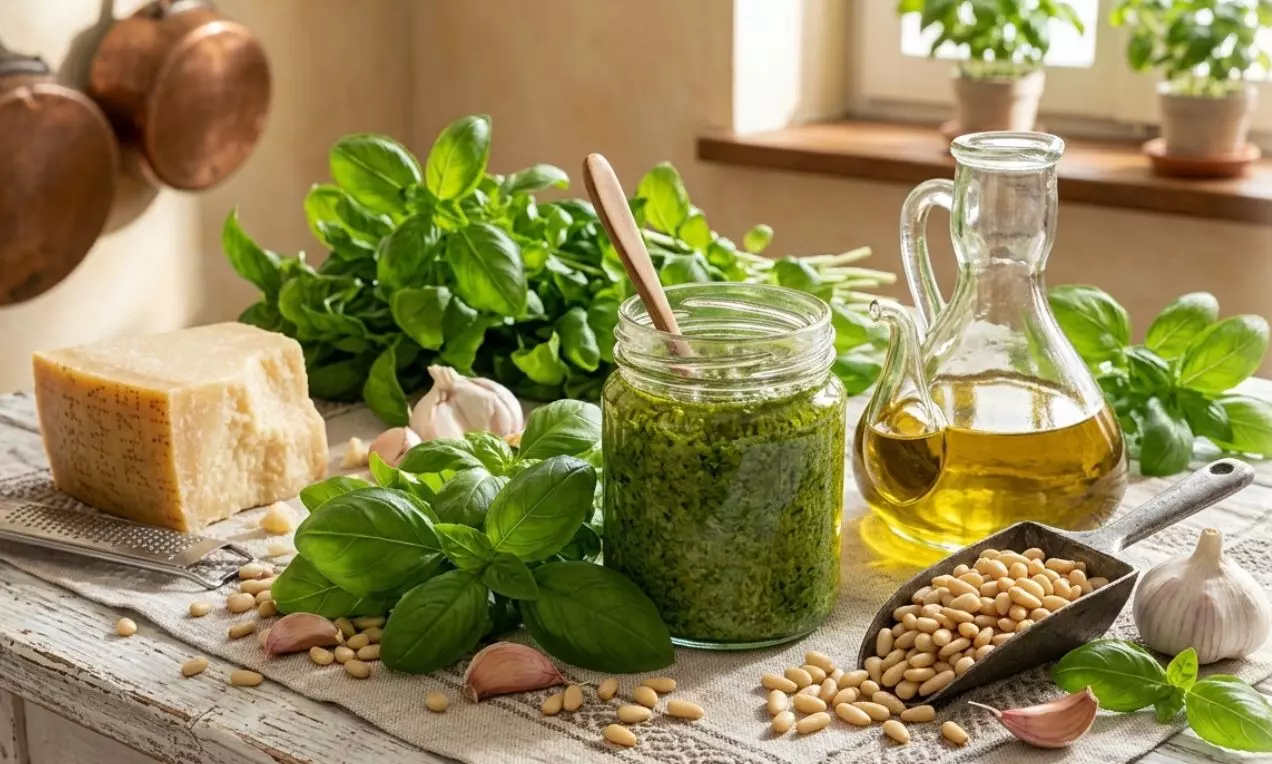 Sýtozelené pesto v sklenenom pohári s drevenou lyžicou, obklopené čerstvým bazalkovým lístím, píniovými orieškami, cesnakom a olivovým olejom